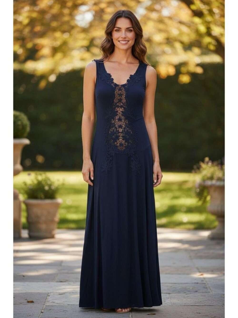 Olivaceous Navy Blue Long Gown Maxi Dress Sexy Sheer Lace Panels Size M Evening